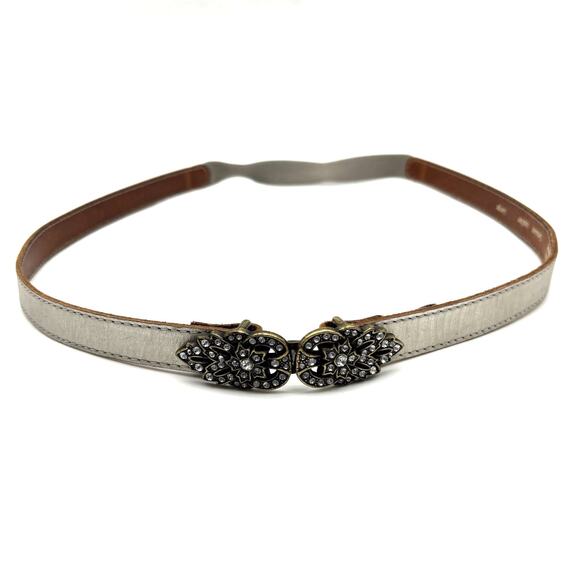 Fossil Accessories - Y2K Fossil Silver Leather Brass Rhinestone Buckle Stretch Waist Belt L 36-38"